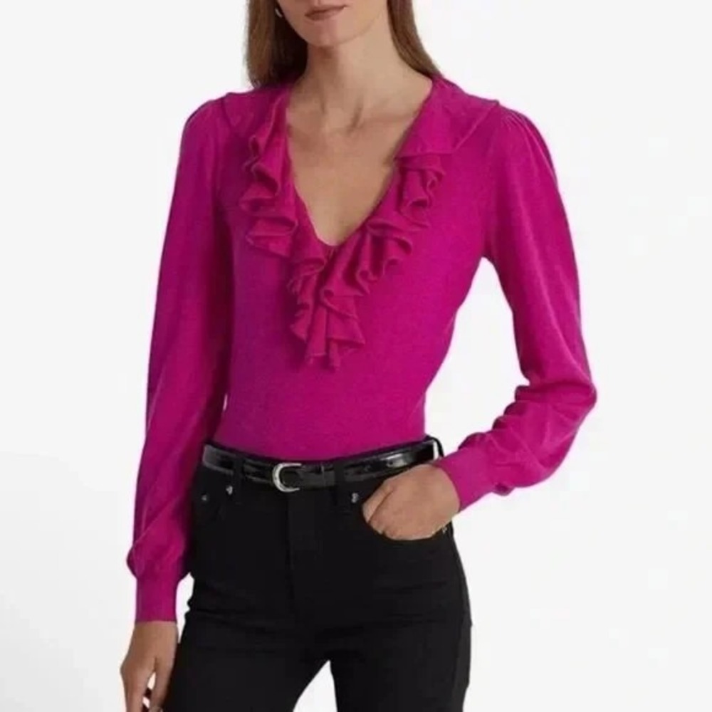 LAUREN RALPH LAUREN Womens Ruffled Ribbed Trim V Neck Fuchsia Sweater Size XL